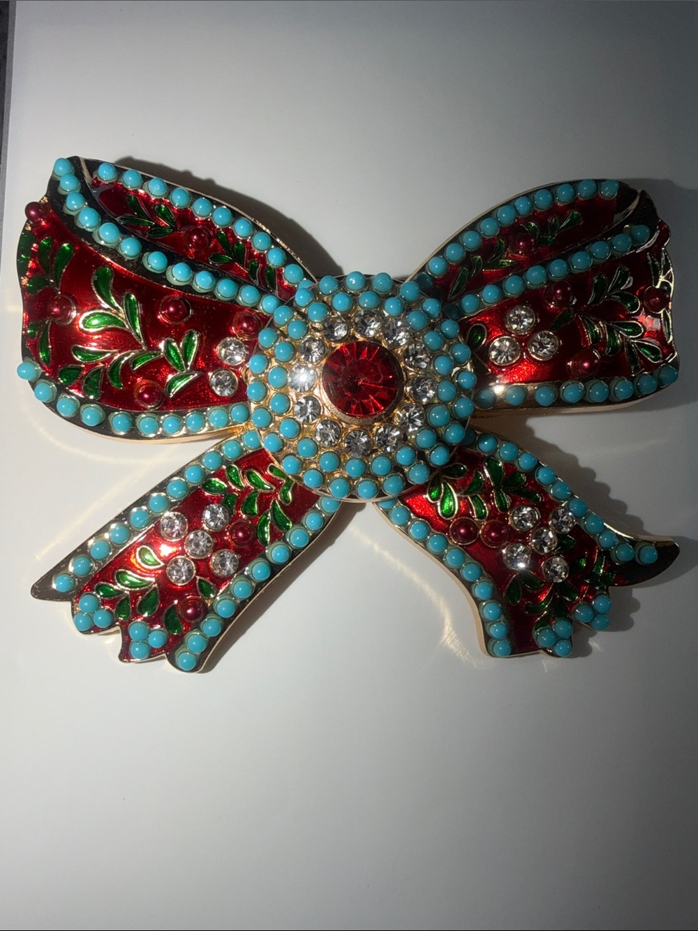 Christmas Gold-Tone Red Enamel & Turquoise Bow Pin Brooch